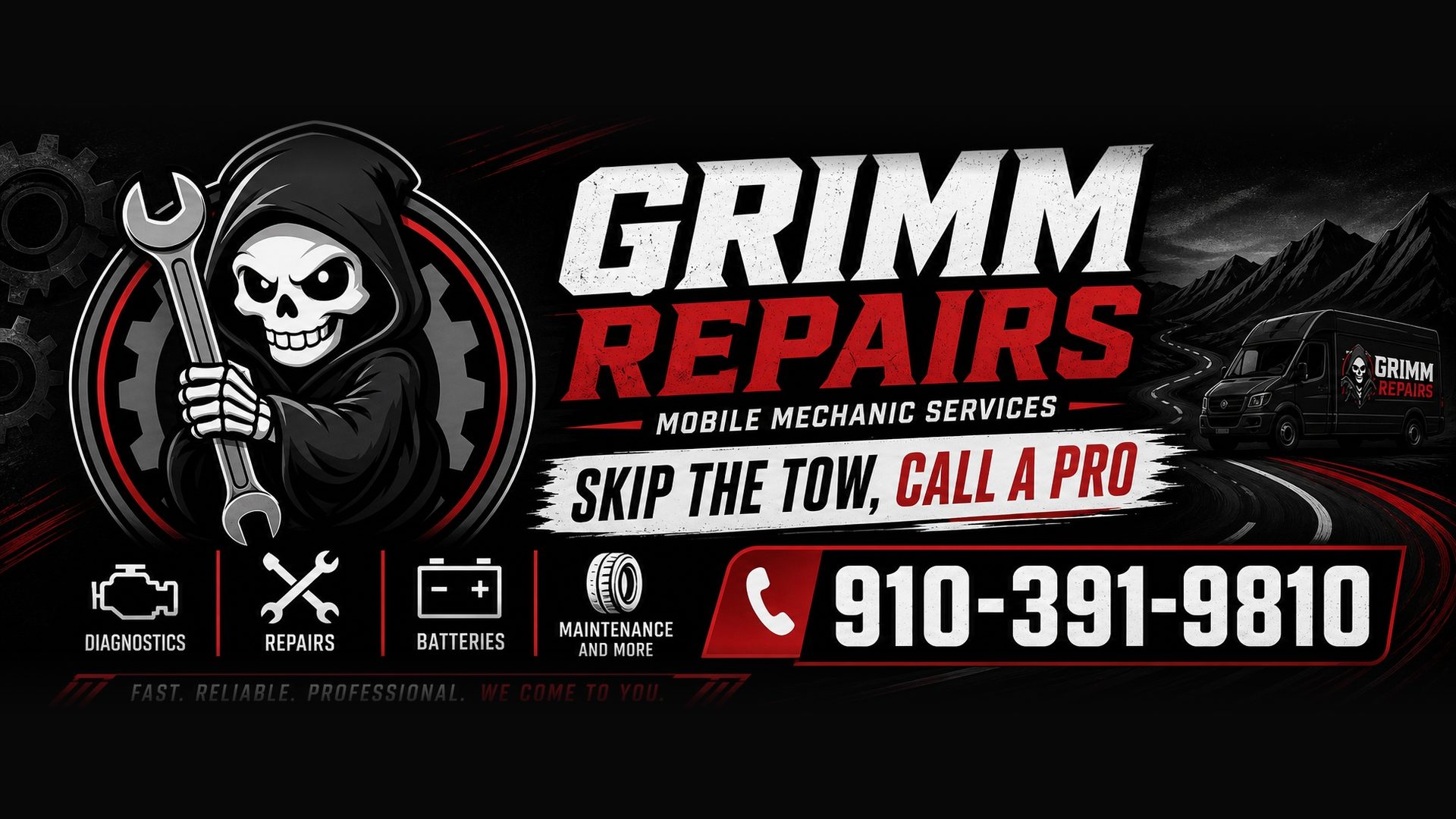 Grimm Repairs mobile mechanic service van and reaper mascot banner
