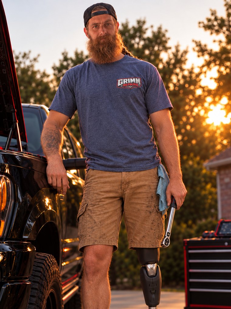 Chris, owner and mechanic of Grimm Repairs, standing beside a pickup truck with a torque wrench, wearing his prosthetic left leg