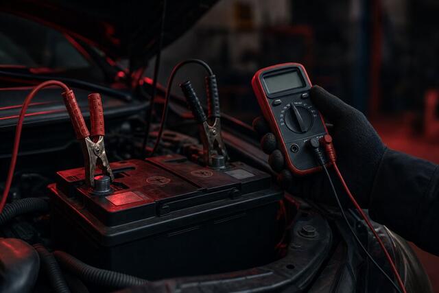 Car battery in an engine bay with jumper clamps attached and a multimeter in a gloved hand
