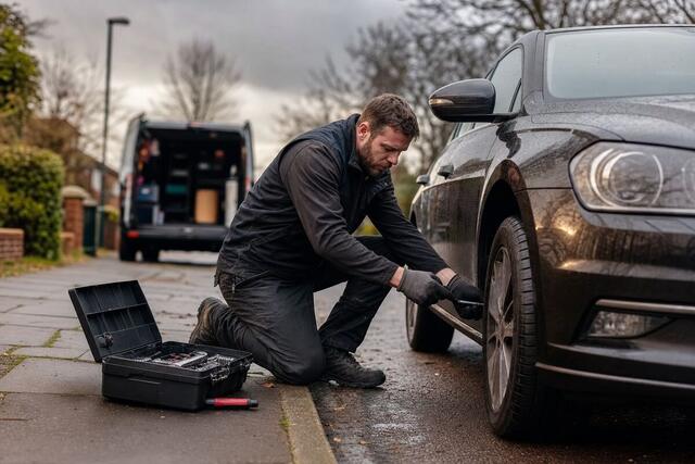 Mobile mechanic kneeling beside a car on a roadside with an open tool chest and service van